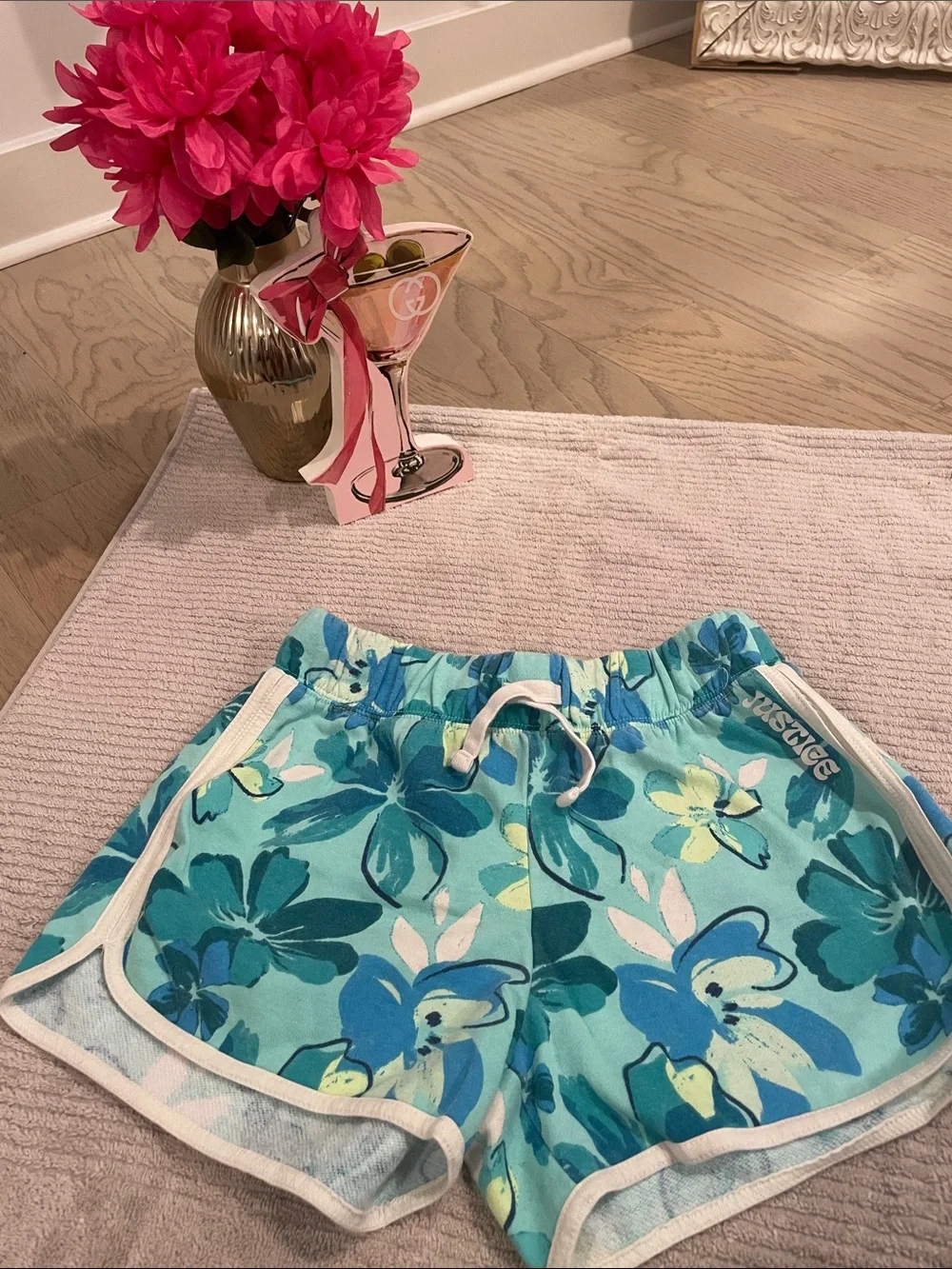 Justice Teal Floral Drawstring Athletic Shorts